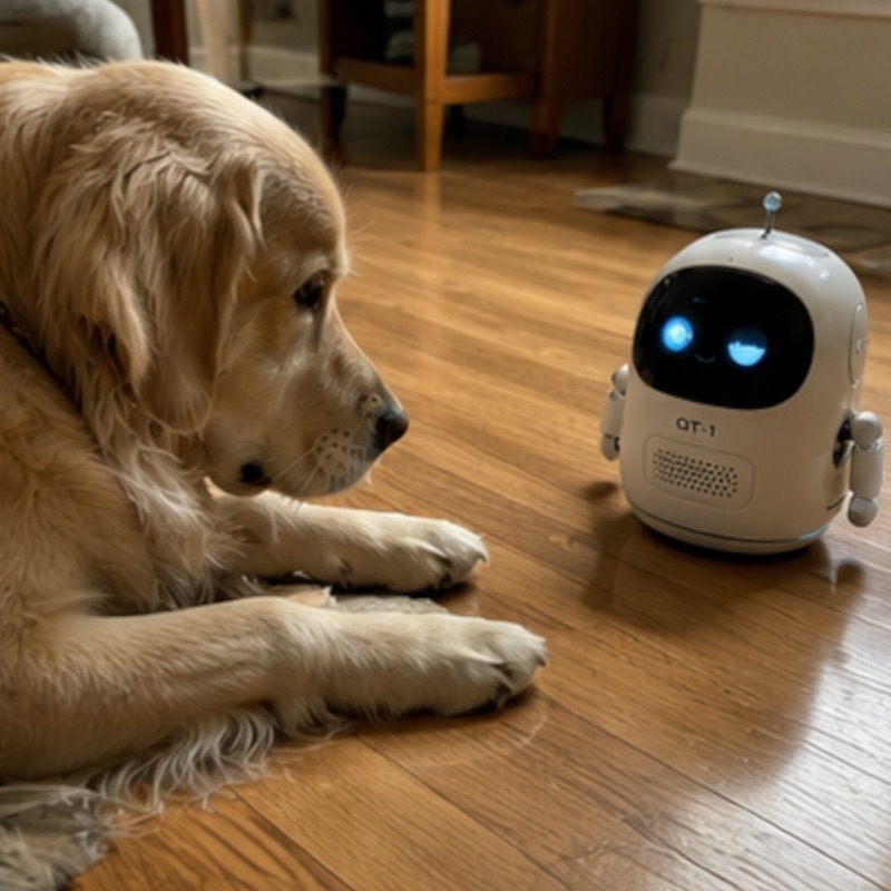 Concept: golden retriever curious about QT-1