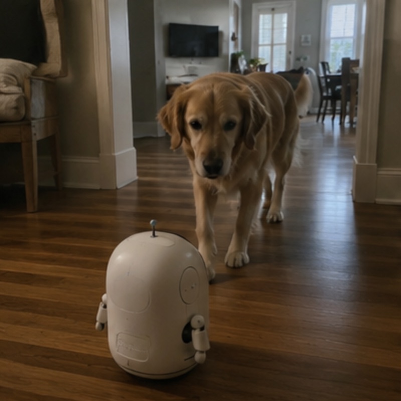 Concept: dog approaching QT-1 in the hallway