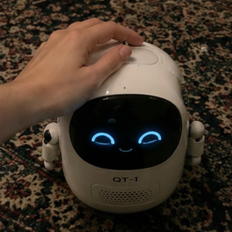 Concept: petting QT-1's head, robot smiling